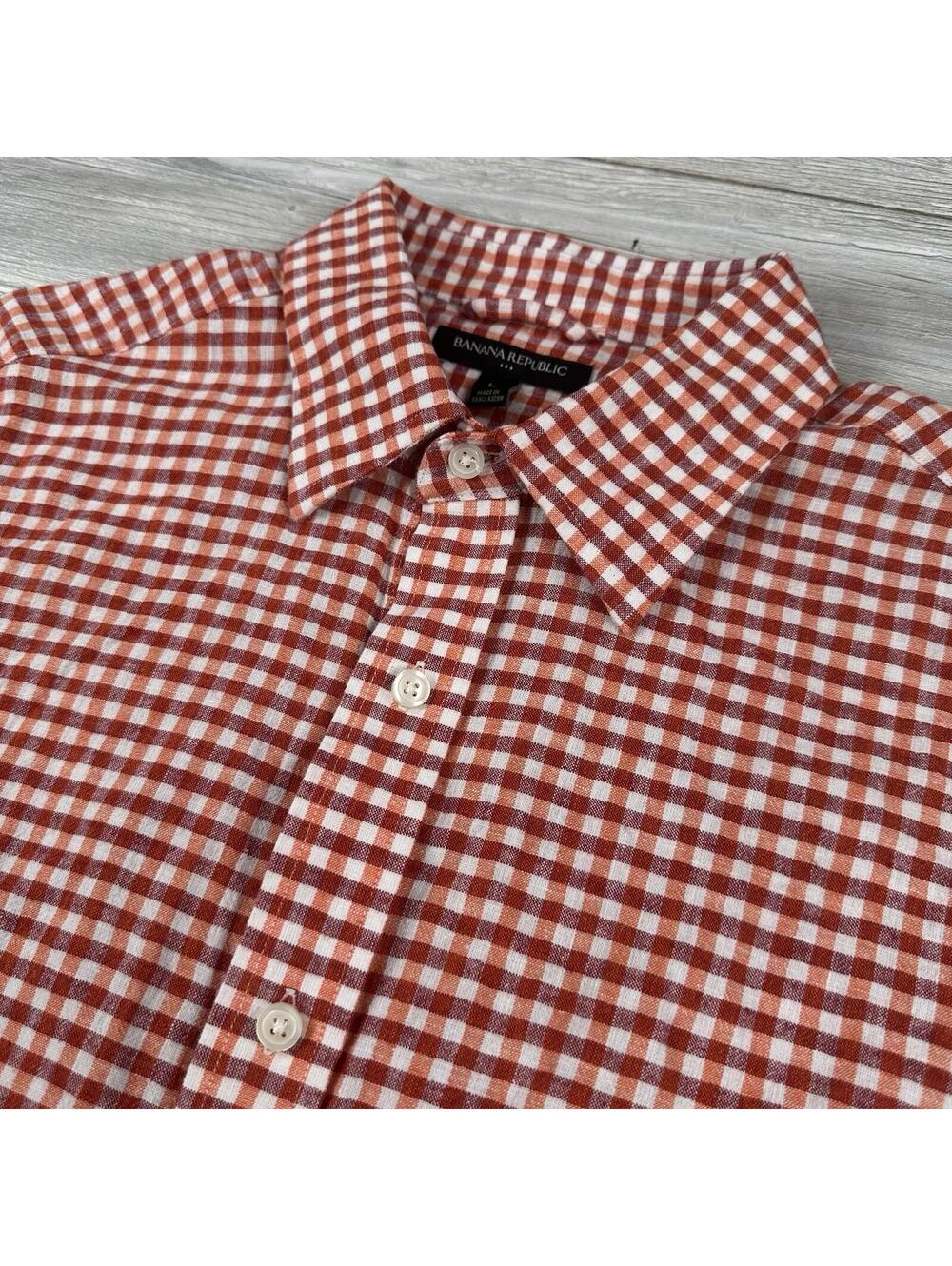 Banana Republic Shirt Mens Large Red Orange White Gingham Check Linen Beach Tiki